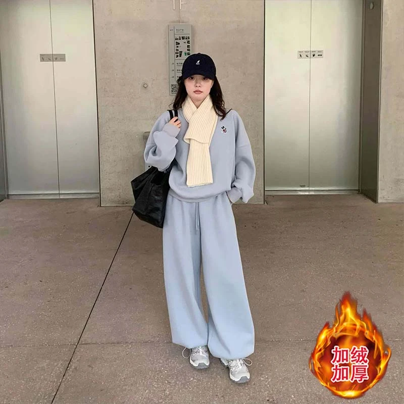 2025秋冬季新款女士加绒加厚慵懒套装宽松圆领时尚卫衣卫裤一整套