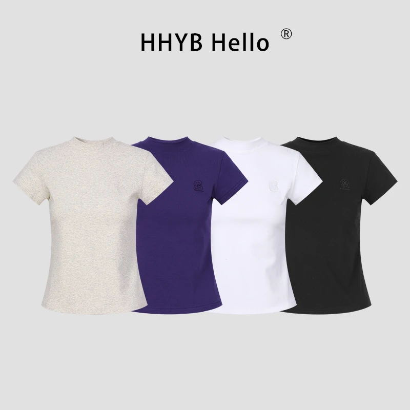 HHYB Hello韩系别致刺绣圆领正肩短袖T恤2025新款独特上衣250557