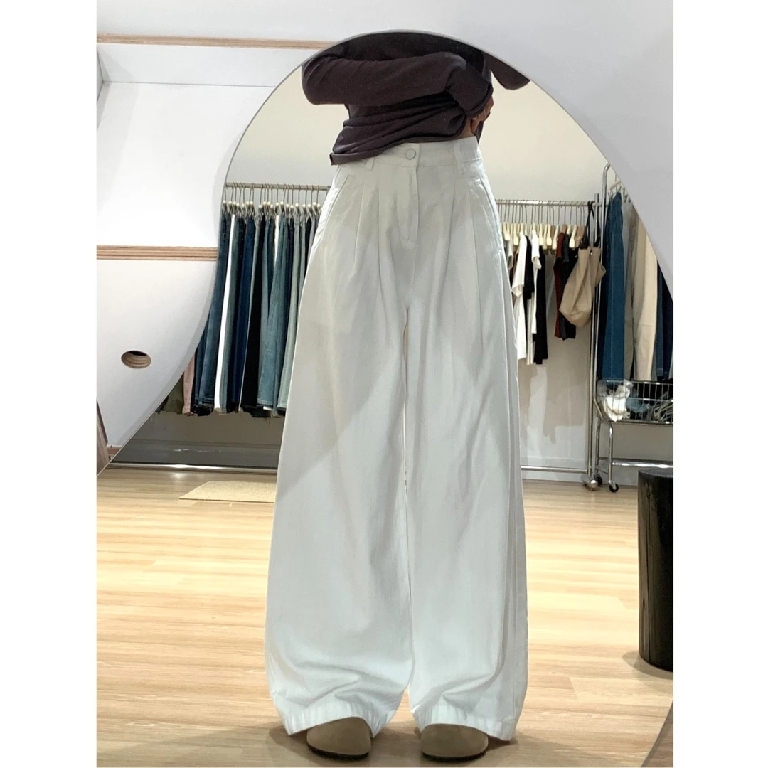 设计感白色阔腿牛仔裤女2025春季新款高腰宽松显瘦松弛感垂感裤子