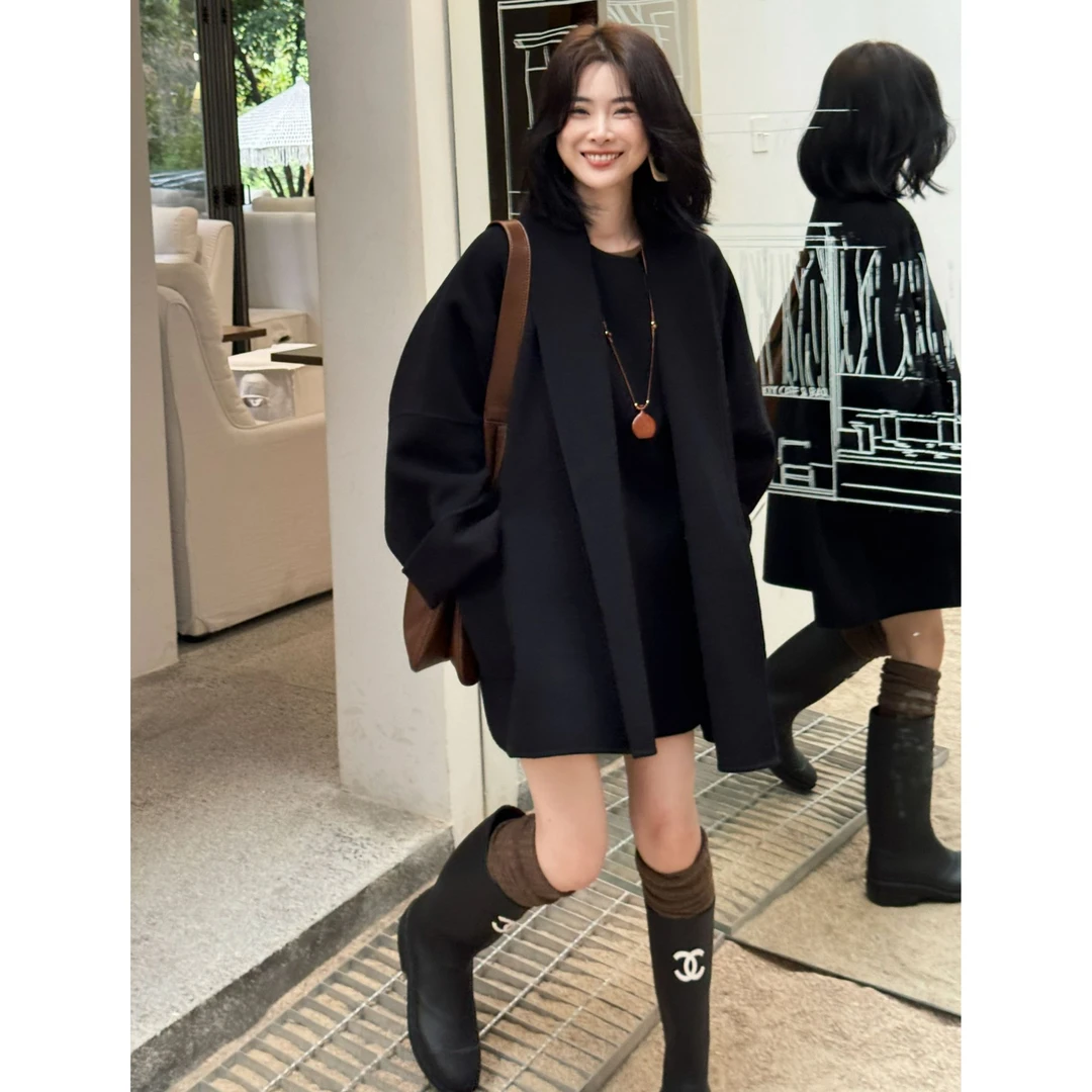 优雅气质斗篷式羊毛羊绒混纺双面呢大衣外套