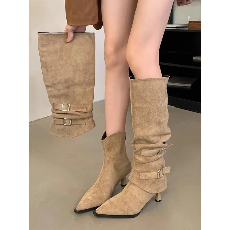 绒面尖头褶皱堆堆靴女2025秋冬新款可拆卸两穿细跟长筒靴高跟短靴