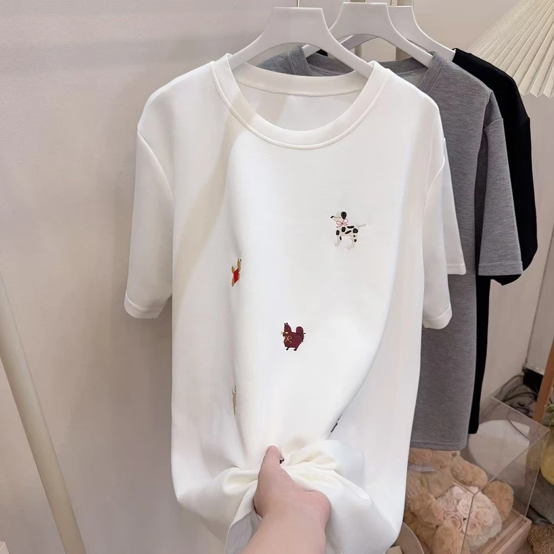 胖胖家*61821新款刺绣卡通图案圆领高弹百搭显瘦半袖