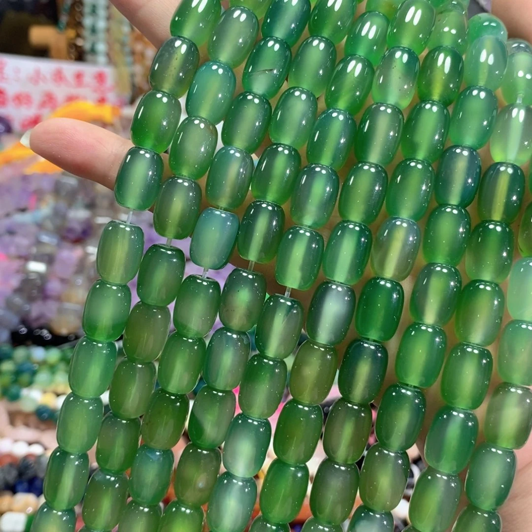 未镶嵌玛瑙/玉髓珠宝半成品绿玛瑙桶珠一条卡10*14mm