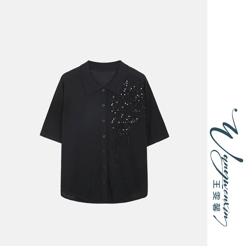 【王雯馨】“独秀舒然”手工立体珠片绣花 轻薄柔软 显瘦翻领针织衫