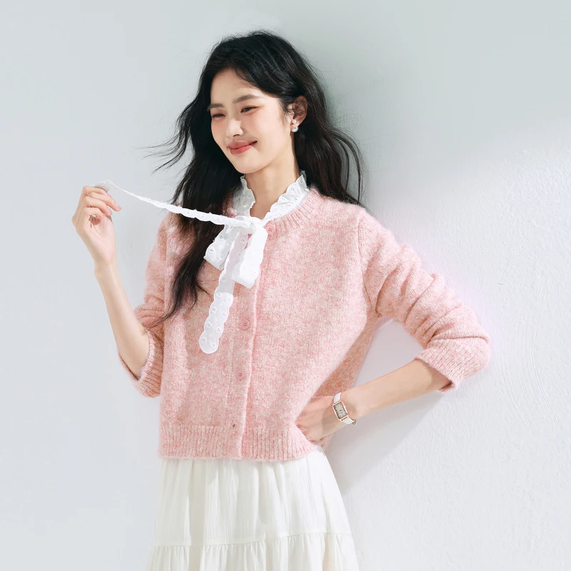 伊芙丽粉色少女减龄感韩系慵懒圆领针织开衫25春外套女欧若风