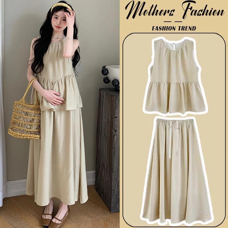 孕妇连衣裙夏季2025新款杏色宽松温柔风背心上衣半身裙孕期穿搭