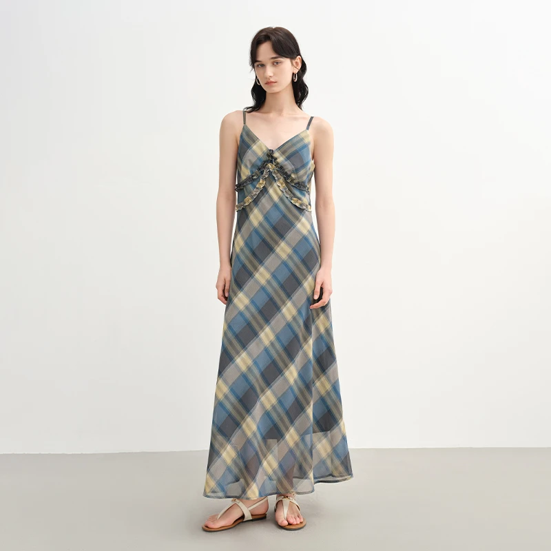 独束大码女装优雅气质花料吊带连衣裙显瘦木耳边格纹裙25DS82755