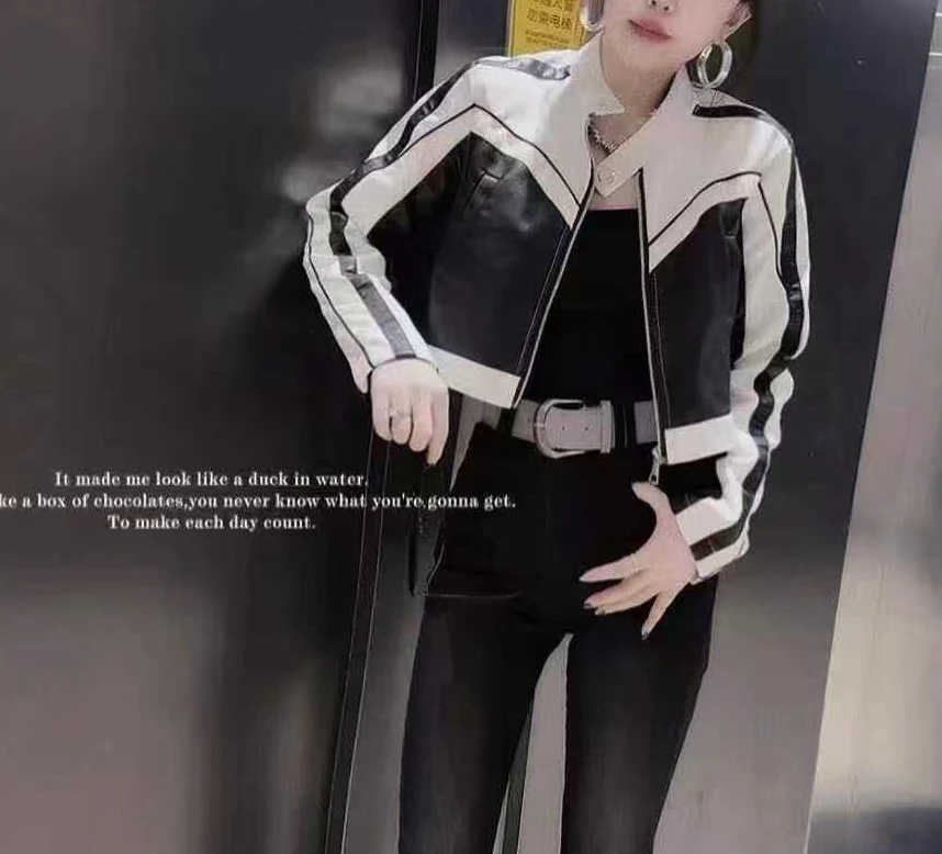 2025新款拼接撞色时尚减龄洋气机车服皮衣