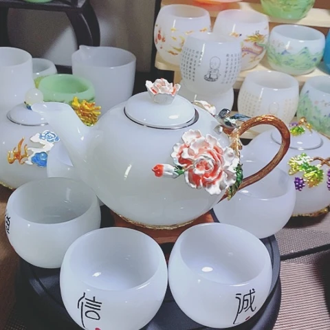 琉璃中式珐琅彩花开富贵一壶六杯礼盒套装