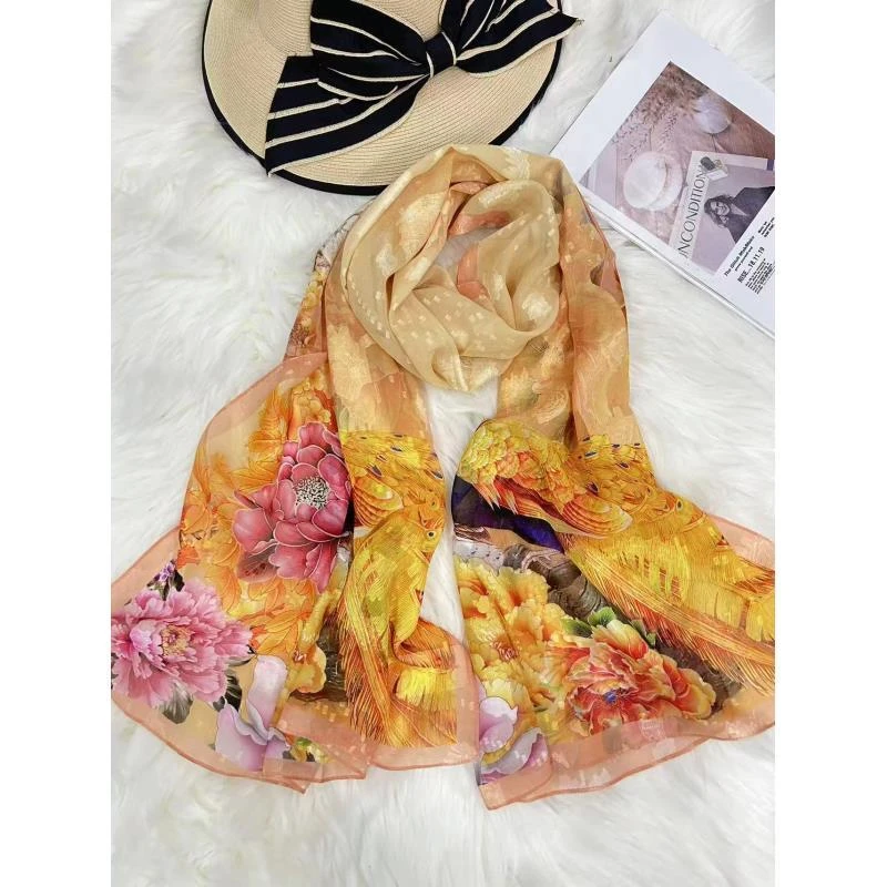 xys-319【孔雀牡丹图】提花 花萝镂空 香云纱 180*70长巾