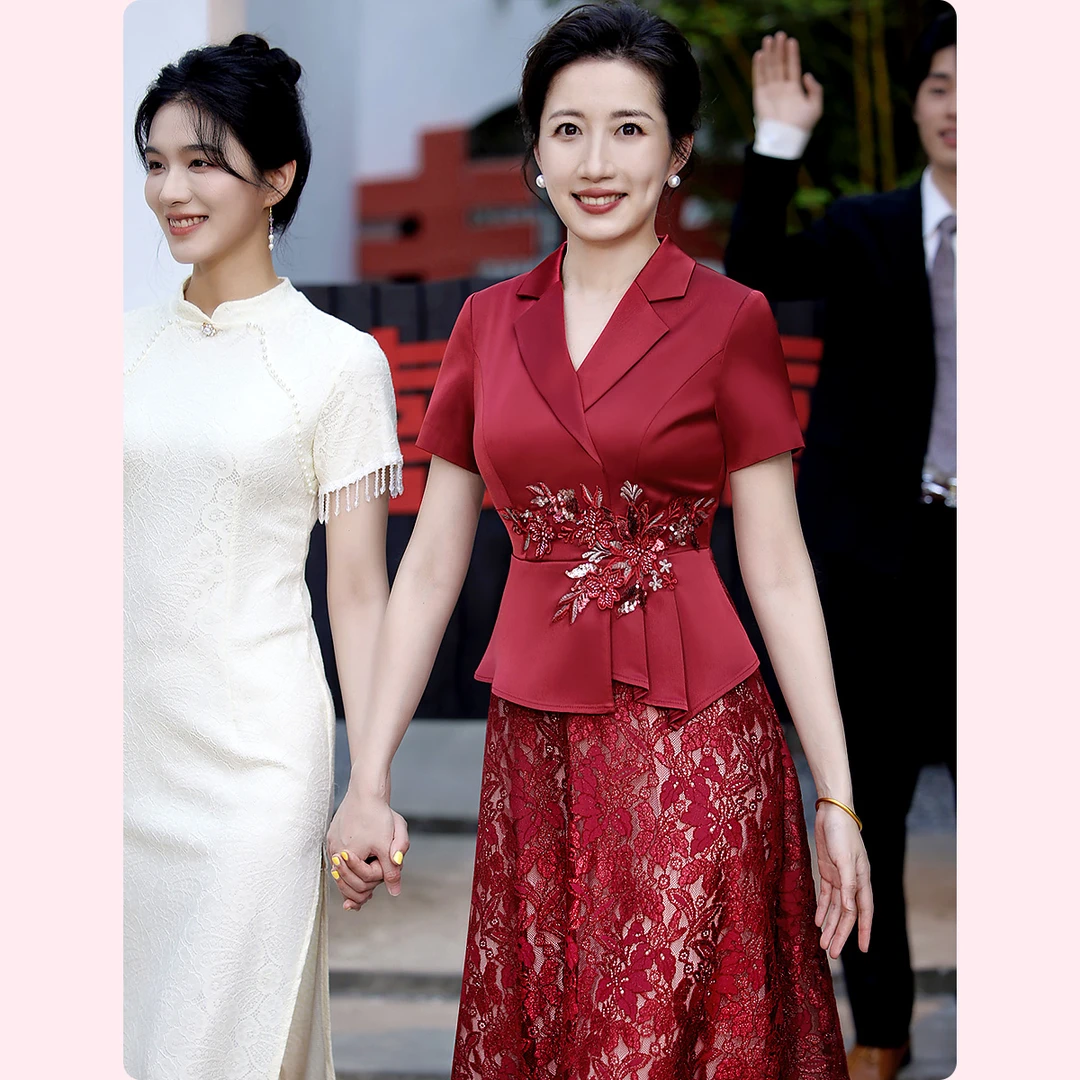 喜妈妈结婚礼服假两件连衣裙高端三醋酸婆婆旗袍短袖敬酒服