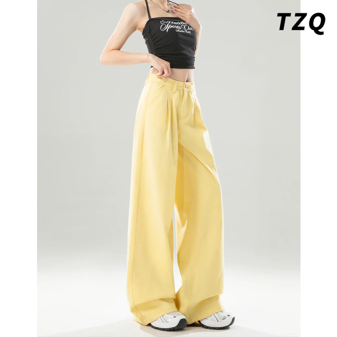 奶黄色阔腿牛仔裤女秋季新款高腰宽松显瘦垂感拖地裤子TZQ2522313