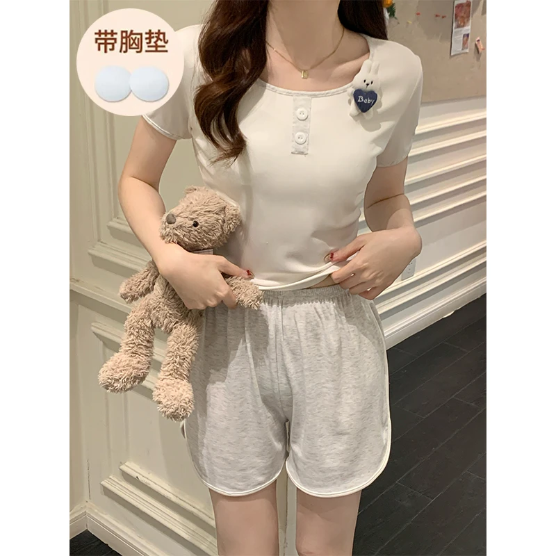 睡衣套装显瘦小个子辣妹设计感卡通简约短袖短裤配胸垫女套装纯欲