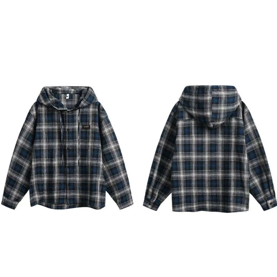 【吉阿嘉】，美式复古男女同款宽松休闲百搭春装连帽格子衬衫HS2323