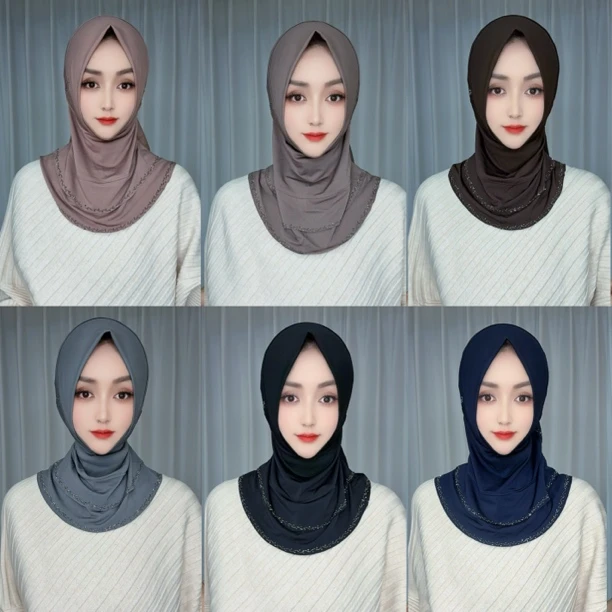 B双排烫钻小版型套头头巾（珍珠扣）