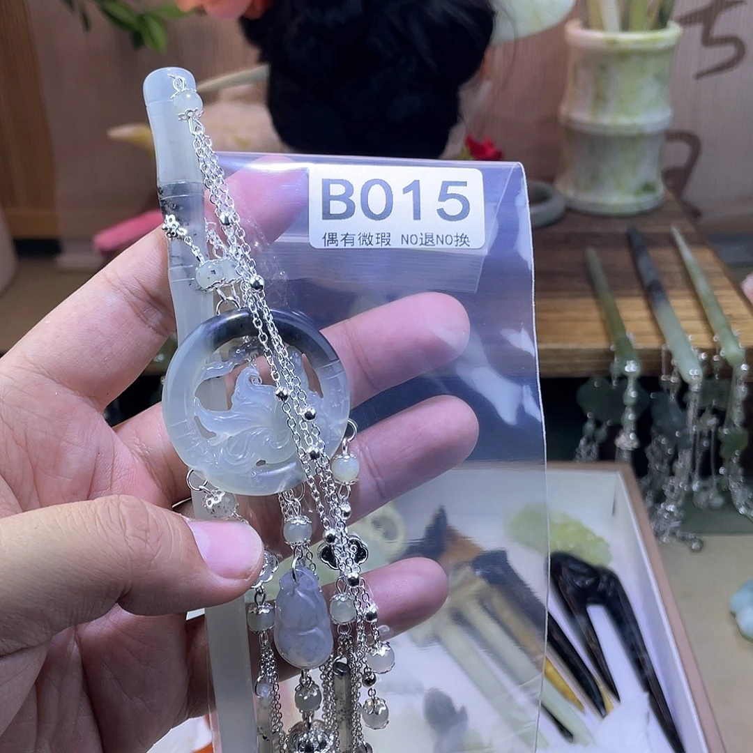 蛇纹石玉发饰银S925镀金镶嵌亮*子