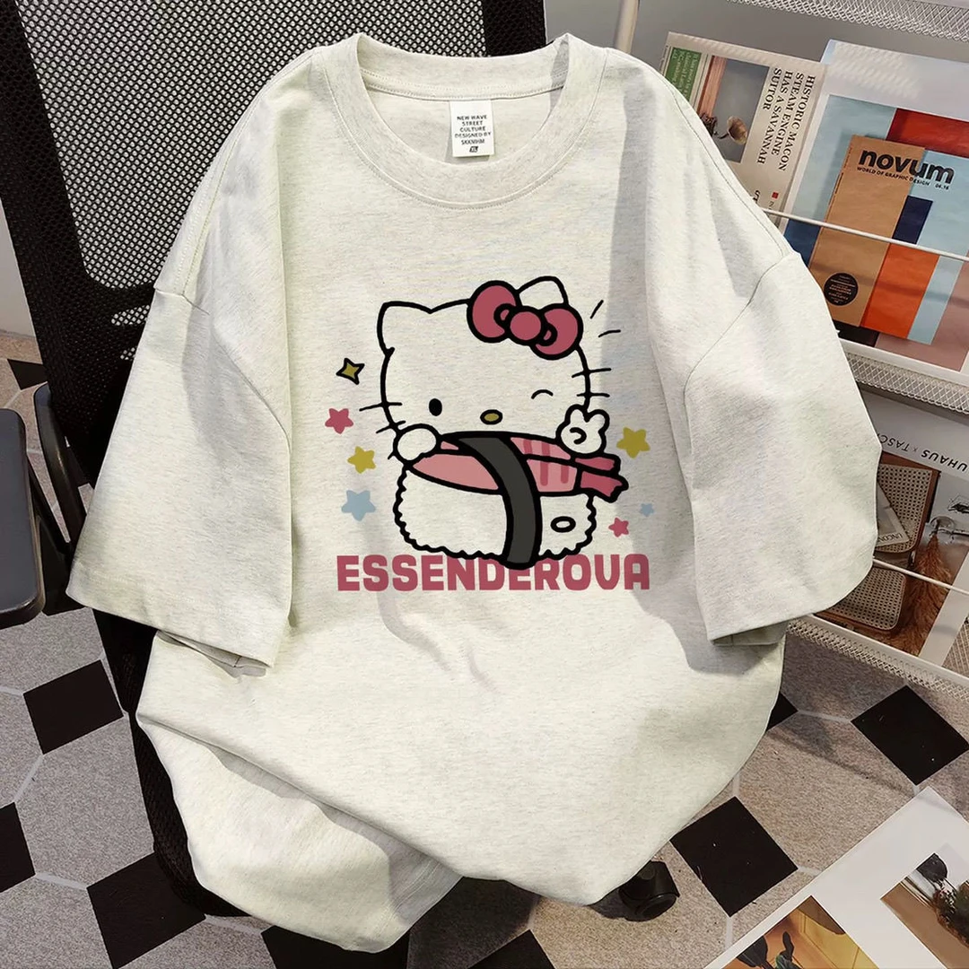 美式设计感卡通凯蒂猫纯棉短袖t恤女2025夏季宽松打底衫学生上衣