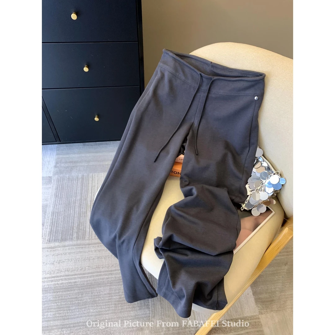 韩版复古垂感绑带休闲裤女早秋2025新款高腰宽松显瘦阔腿拖地长裤