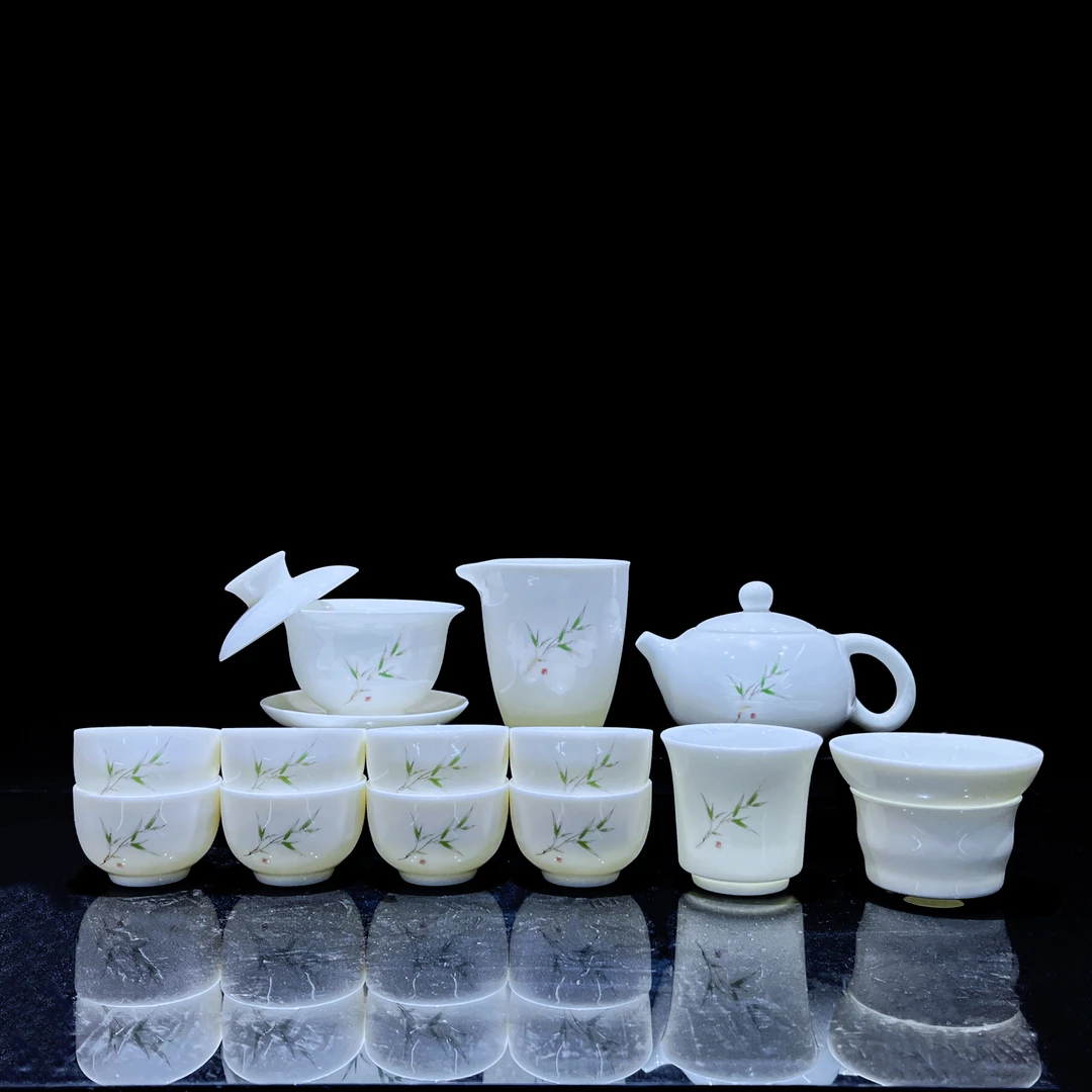 [言瓷]羊脂玉瓷竹报平安16件套功夫茶具套装