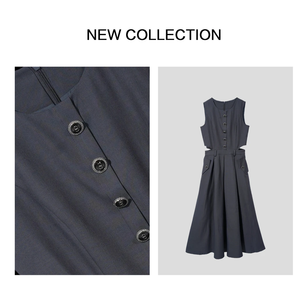 【小依专享】L1F27027 舒适百搭深灰色收腰中长款连衣裙-7027