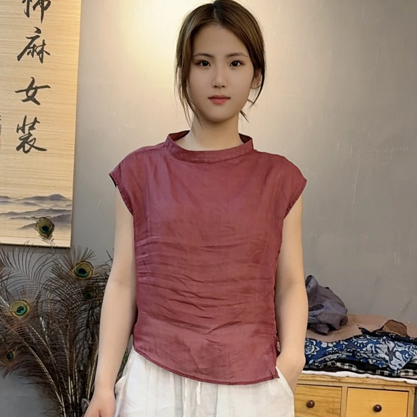 夏季纯色不规则底边苎麻立领宽松短袖女装休闲百搭小衫