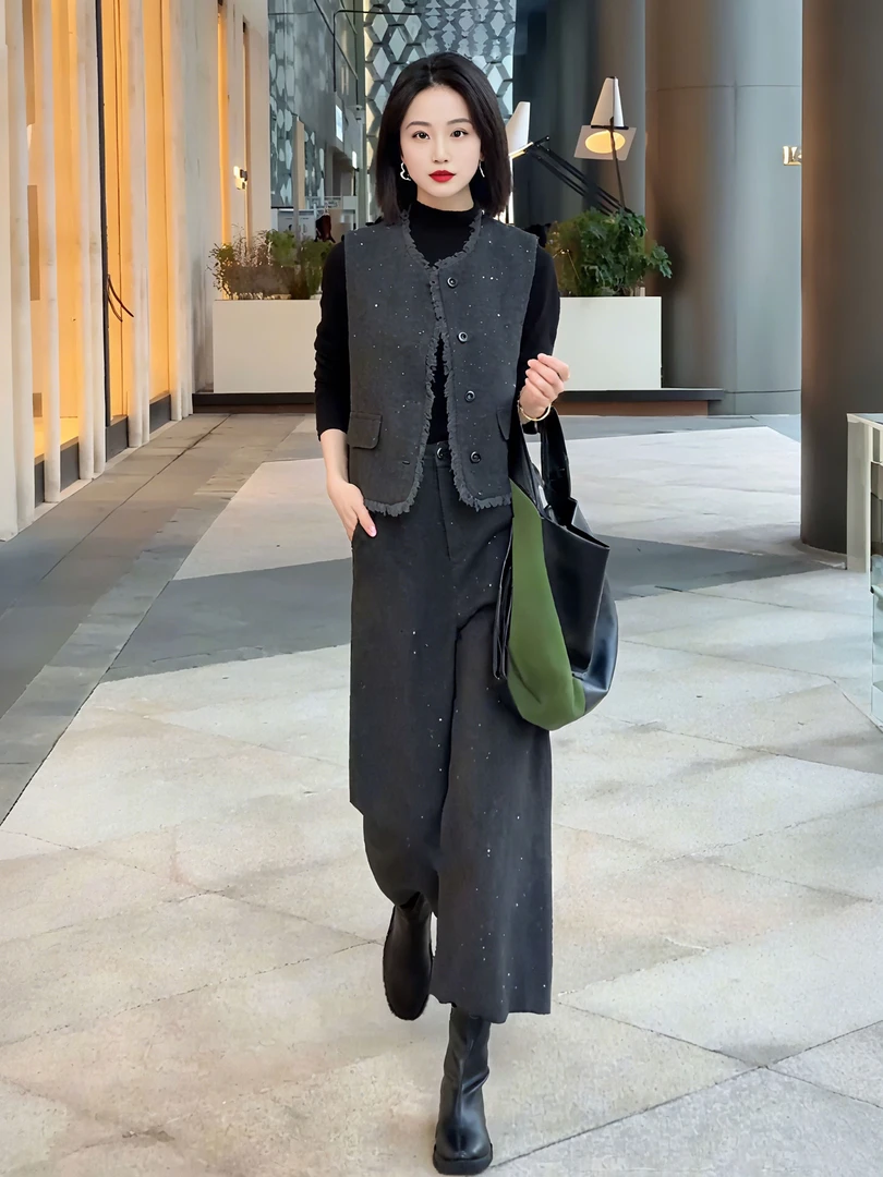 三件套时尚套装女2025秋季新款显瘦小香风马甲打底衫阔腿裤套装