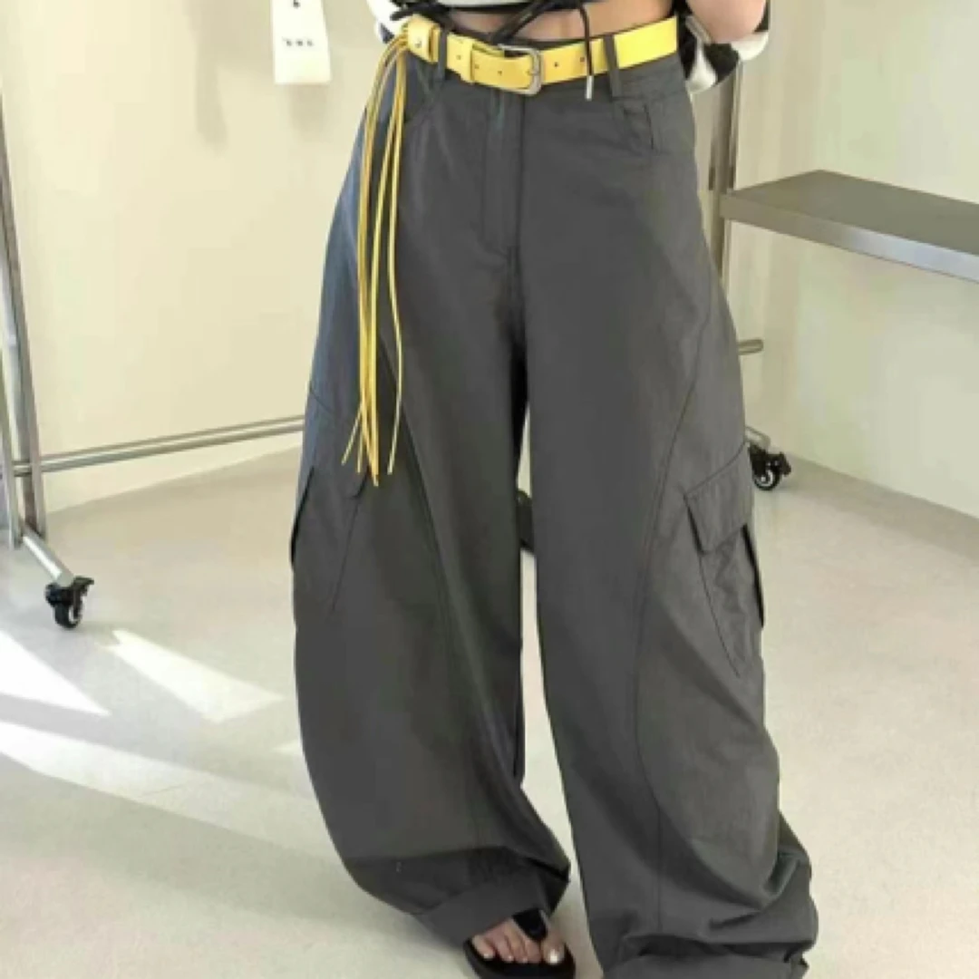 阿玉家&高腰显瘦宽松阔腿夏季薄款弯刀女式边口袋工装裤#7560
