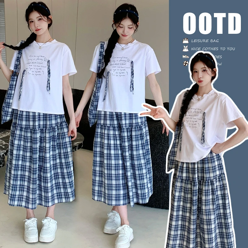 孕妇装夏新韩版百搭简约款时尚温柔印花短袖上衣配半身裙两件套女