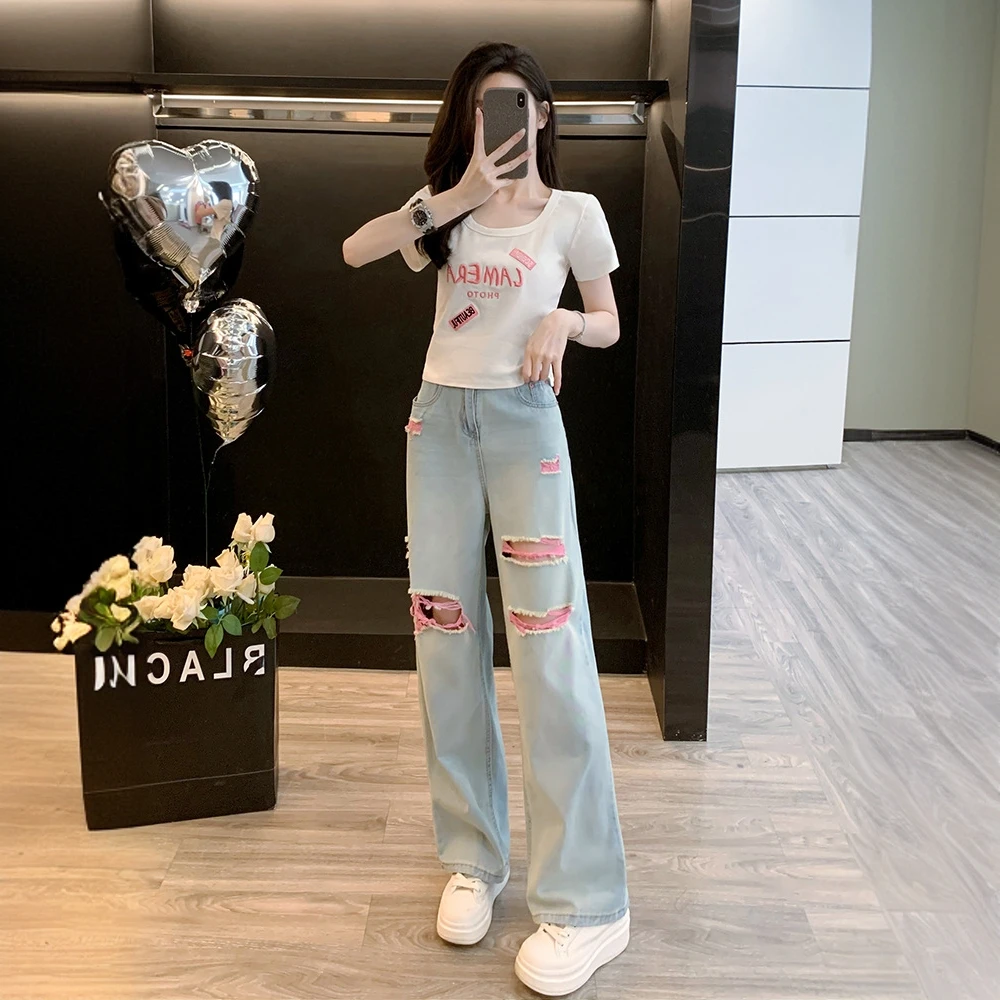 破洞牛仔阔腿裤休闲套装女夏装搭配一整套炸街时尚洋气显瘦两件套