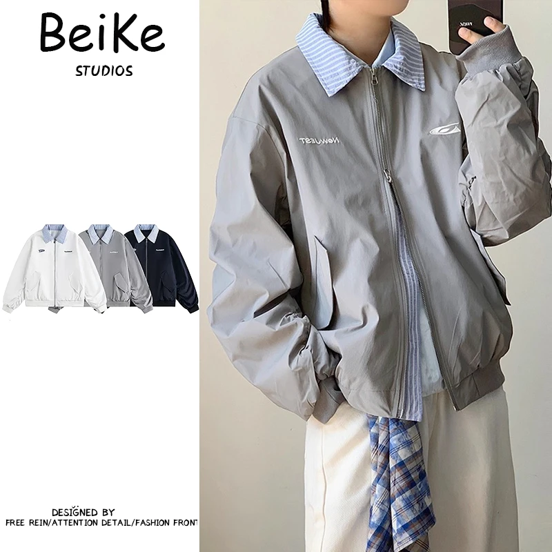 美式复古刺绣拼接假两件翻领棒球服秋季男女飞行服男外套秋季款