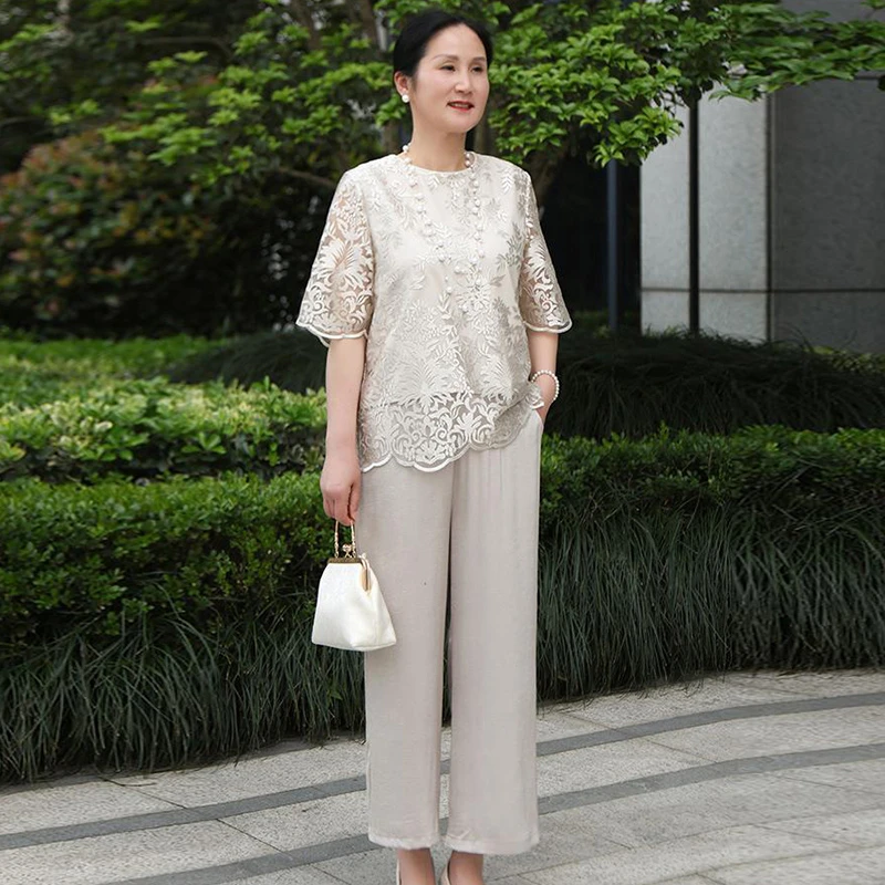 中年妈妈装夏装2024新款洋气上衣短袖T恤中老年女装时尚上衣