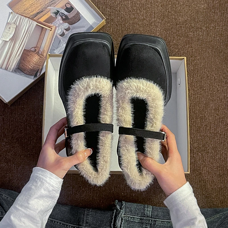 复古粗跟加绒气质毛毛鞋女2025秋冬新款保暖一字扣玛丽珍浅口单鞋