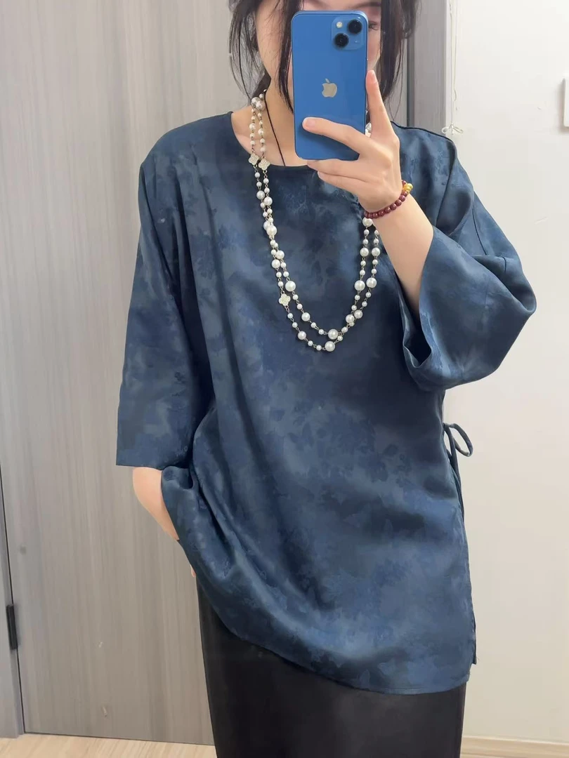 满分桑蚕丝香云纱高级雾霾蓝花萝毛衫百搭桑蚕丝上衣