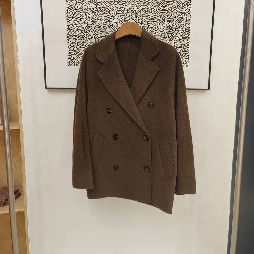 88049秋冬西装领双排扣显瘦软糯100%骆驼绒双面毛呢外套大衣