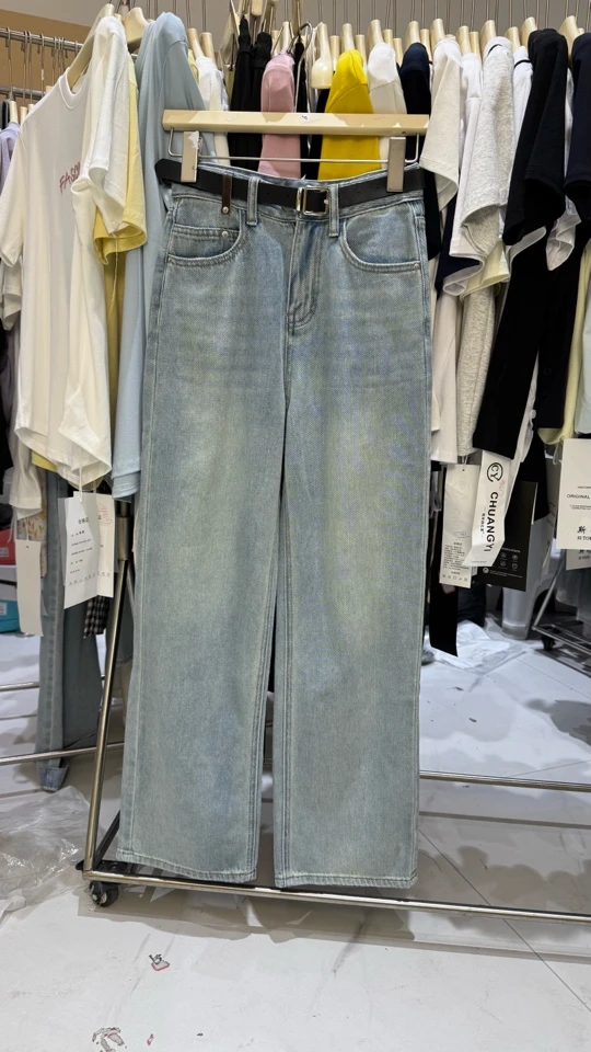 66229高腰显瘦浅色窄版牛仔阔腿裤八分直筒长裤时尚百搭