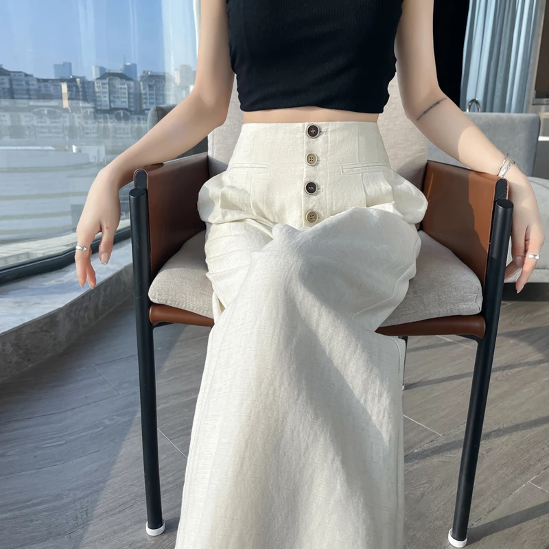 天丝高腰亚麻阔腿休闲裤女夏季薄款时尚宽松垂顺百搭拖地裤女5581