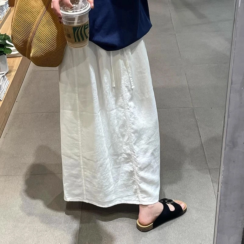 孕妇半身裙夏季薄款亚麻外穿休闲遛弯抽绳中长款简约百搭夏装裙子