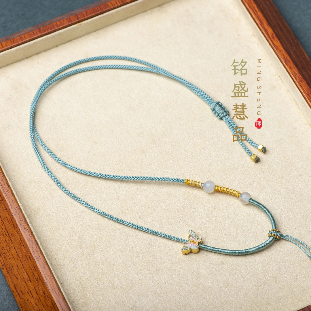 精致蝴蝶设计款手工绕线吊坠绳不对称设计时尚佛公无事牌挂绳百搭