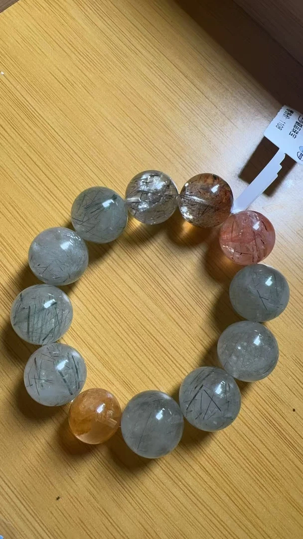 【三少人文晶典】天然黑金超七+黄胶花+绿发晶设计手链