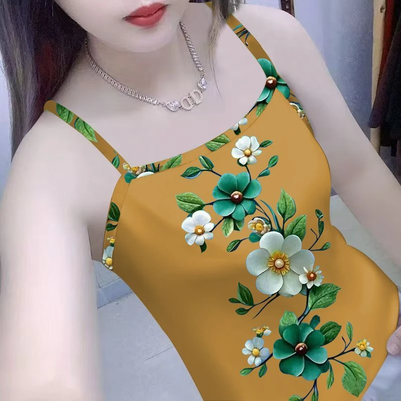 撞色背心女装2025印花新款夏季修身外穿显瘦无袖上衣吊带打底