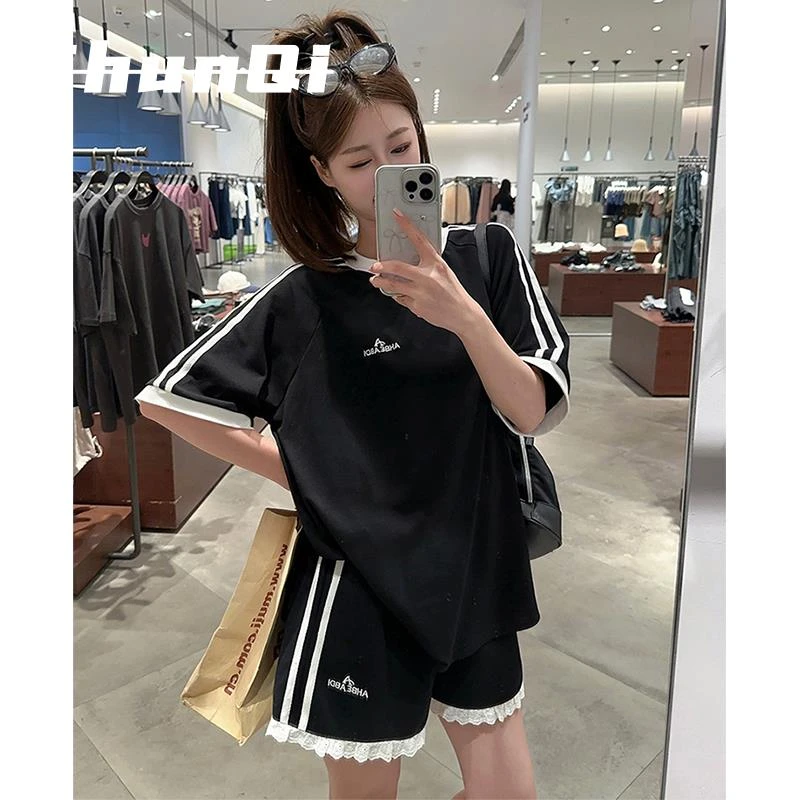 淳启美式显瘦短袖套装女夏季宽松韩版学生短裤休闲运动两件套跑步