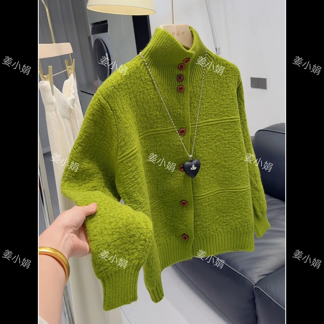 肌理感半高领针织开衫女2025秋冬新款韩系百搭宽松插肩袖毛衣