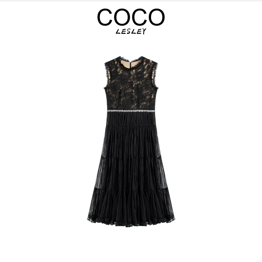 【南油虹姐】夏季新款收腰显瘦黑蕾丝镶钻百褶无袖连衣裙