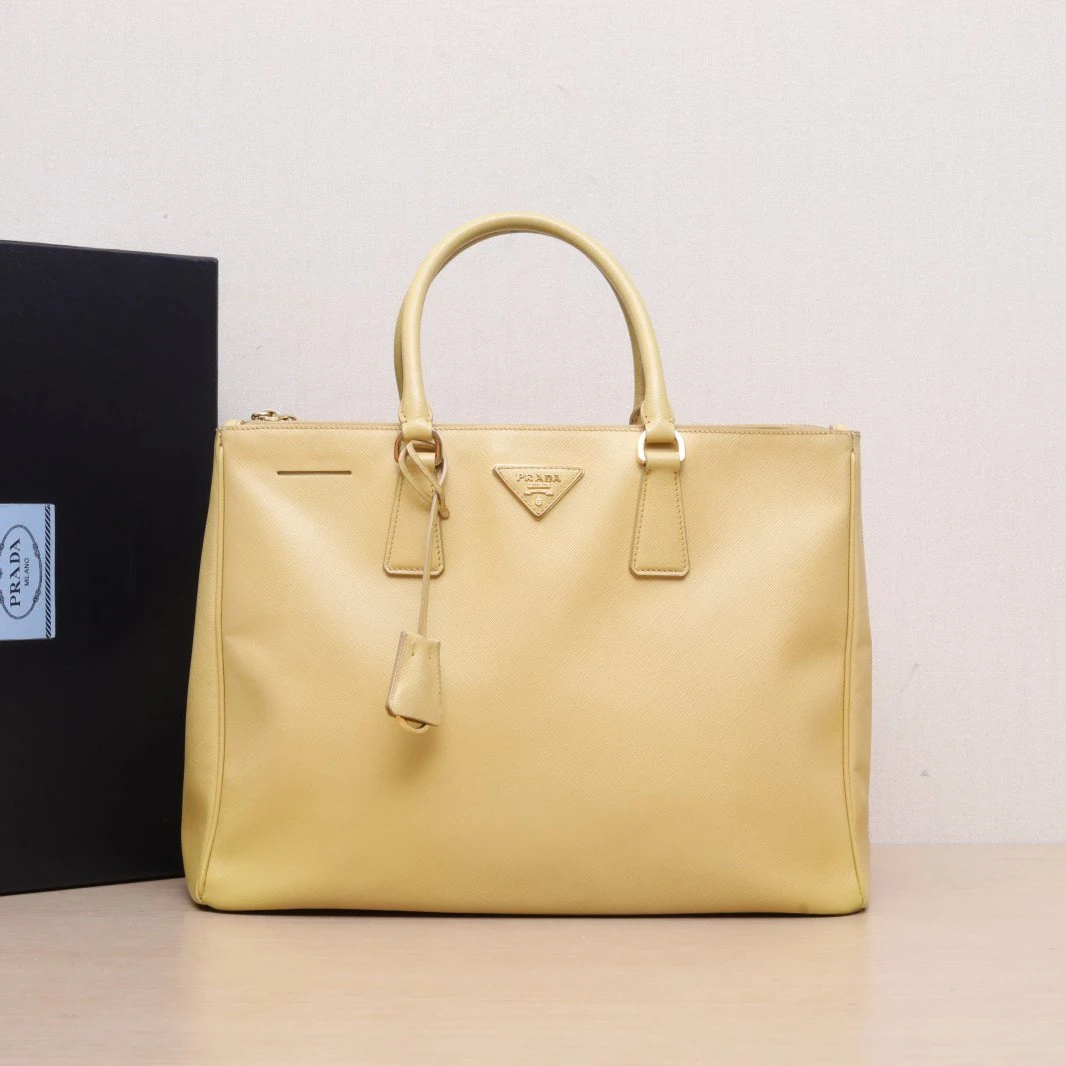 95新 Prada/普拉达 小花攀攀Galleria 杀手包 36cm 黄色 皮革C