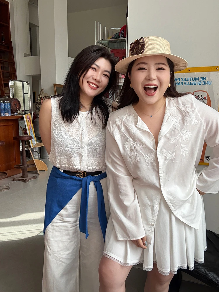 绣花白衬衫/胖mm大码 老钱风 天丝亚麻白衬衫