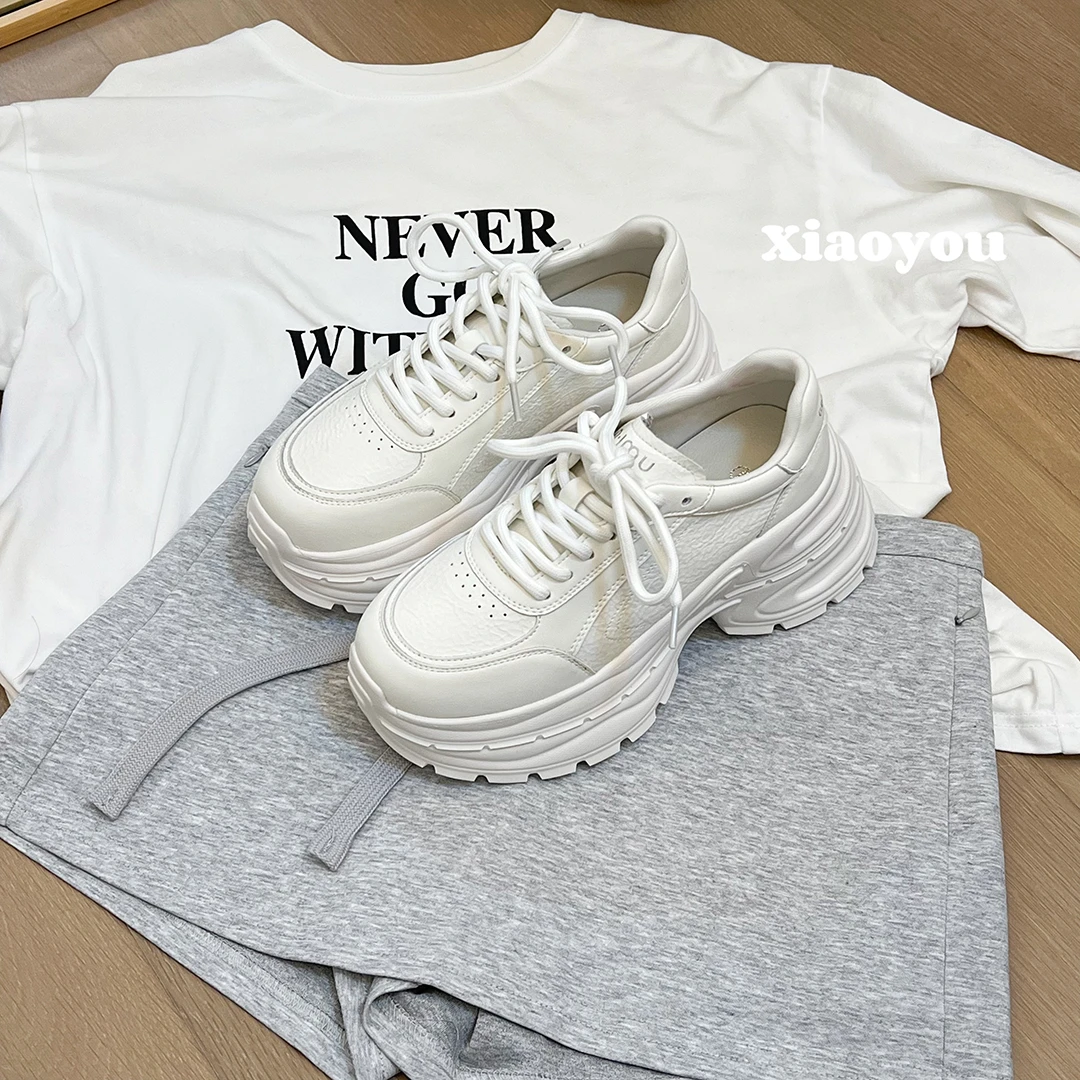 【小柚】矮个子b备～8CM厚底板鞋女百搭时尚真皮休闲鞋小白鞋运动鞋