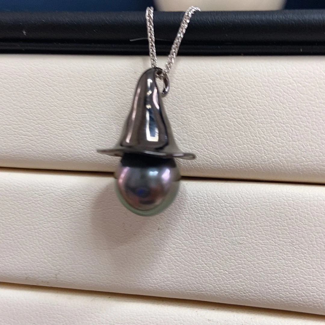 银S925镶嵌海水珍珠颈饰万圣节巫师帽 大溪地黑珍珠不含链