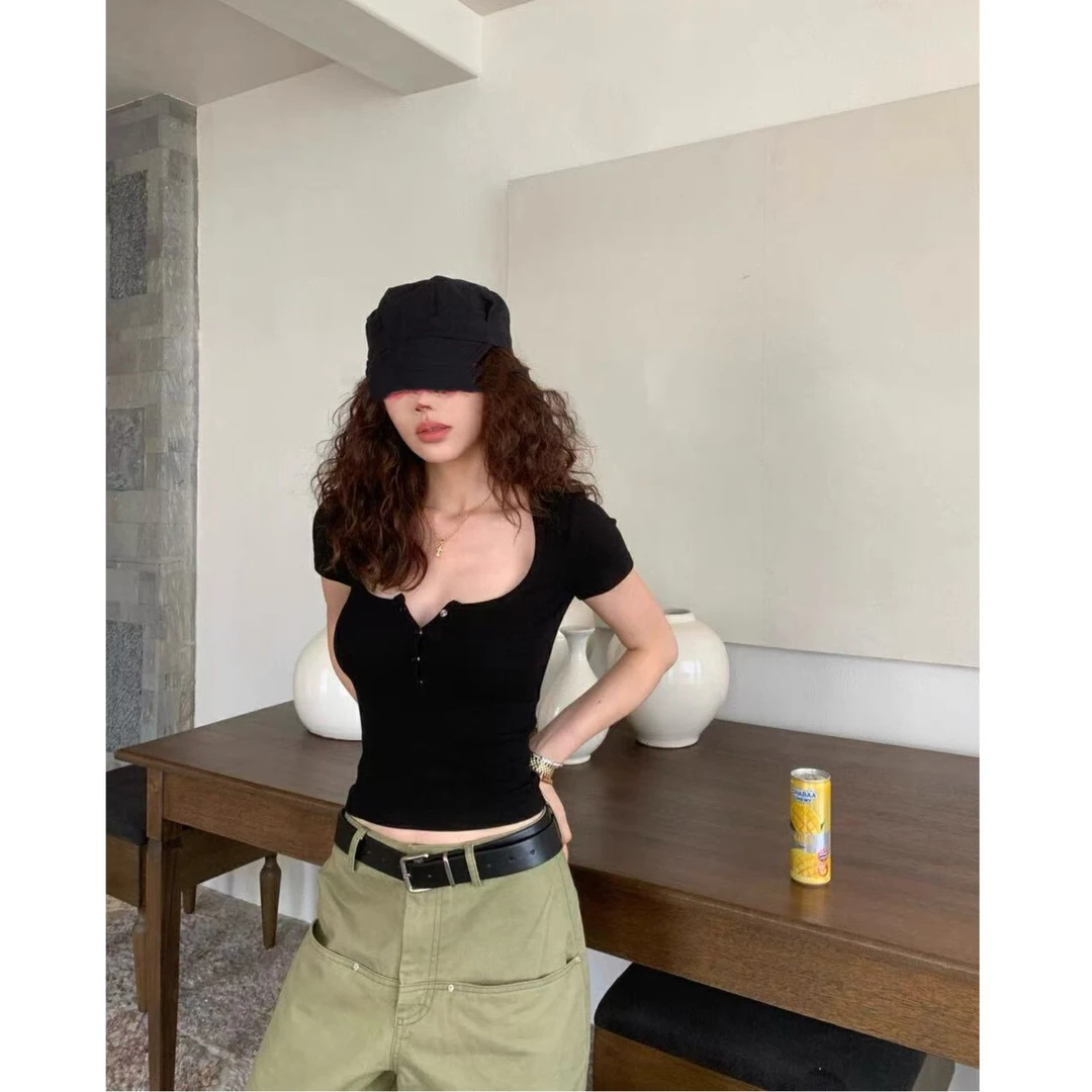 【简约t】正肩U领修身纯色短袖排扣上衣❤灰色 2