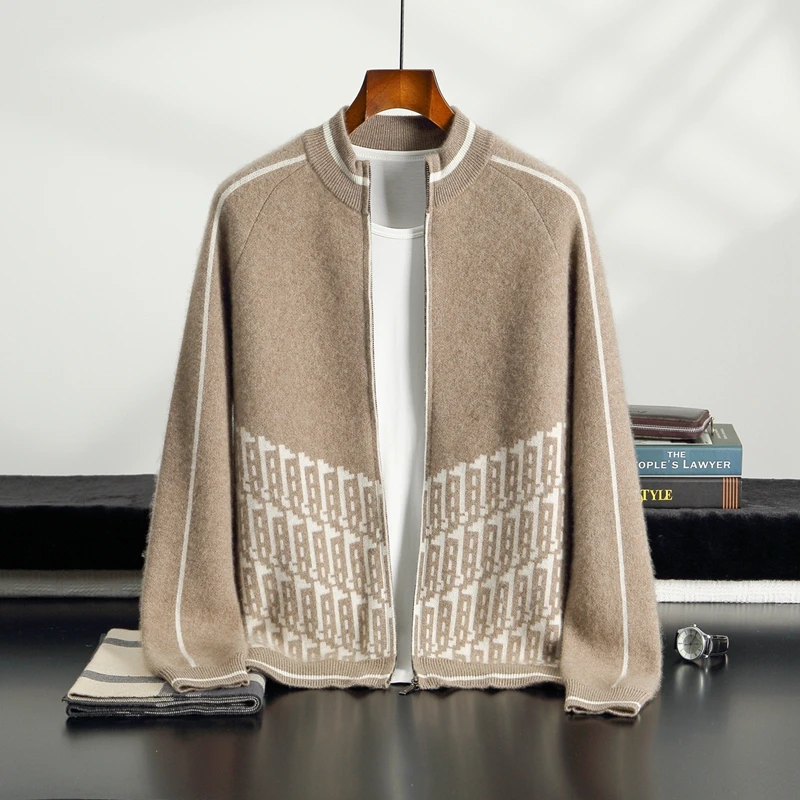 【软糯亲肤】新品羊绒加厚提花半高拉链开衫商务休闲针织羊绒外套X