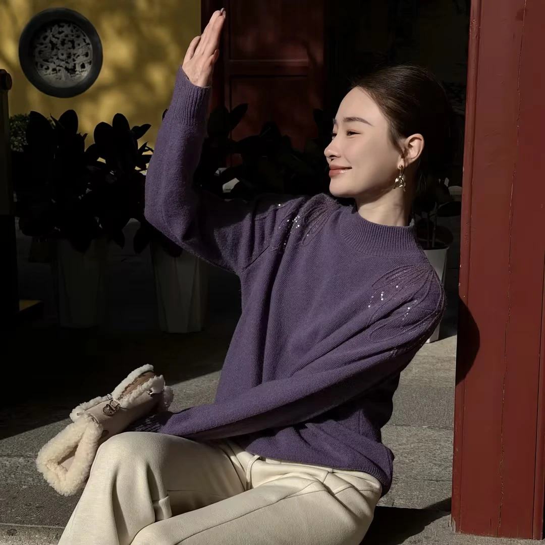 HELA AOMI“天使之翼” 绵羊毛兔绒肩部烫钻设计感针织衫CY5DC33469